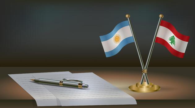Argentina and Lebanon flags on table in office. International relations on a dark gradient color background. vector