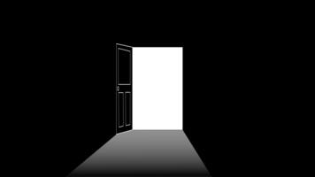 animerad öppen och stänga ikon. animation, piktogram, rörelse grafik, verklig svart dörr öppen och stänga på mörk bakgrund, interiör design för dörr eller fönster, modern vit dörr är lite öppen video