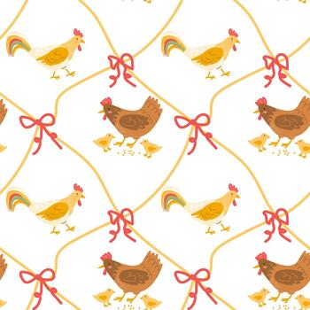 Cute farm birds pattern with diagonal grids and bows knots vector