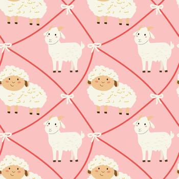 Cute farm animals pattern with diagonal grid and bows knots on pink background. vector