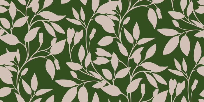 sin costura modelo con elegante botánico sucursales, suave hojas, y delicado brotes en un Rico antecedentes. elegante orgánico diseño para telas, embalaje, y moderno decoración vector