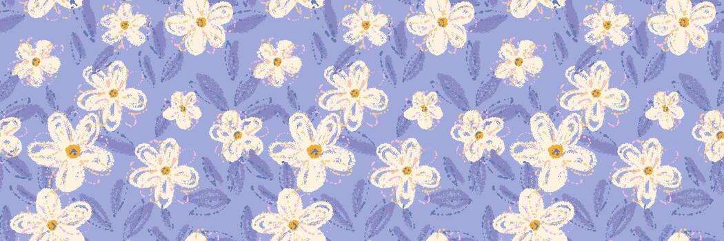 Seamless floral pattern with pale crayon style flowers and leaves on a pastel blue background. Abstract hand drawn texture, template for summer or spring textiles and wrapping paper vector