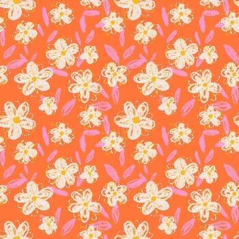 Seamless pattern with crayon style flowers and leaves on a vibrant orange background. Playful and summer design for kids, textiles, wrapping paper, decor, prints vector