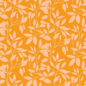 Elegant seamless pattern with delicate botanical branches and soft leaves in warm peach tones on an orange background for textiles, packaging, and modern decor vector