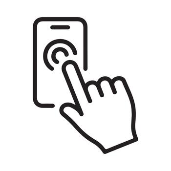 Hand tapping on a smartphone screen icon representing mobile interaction and technology vector