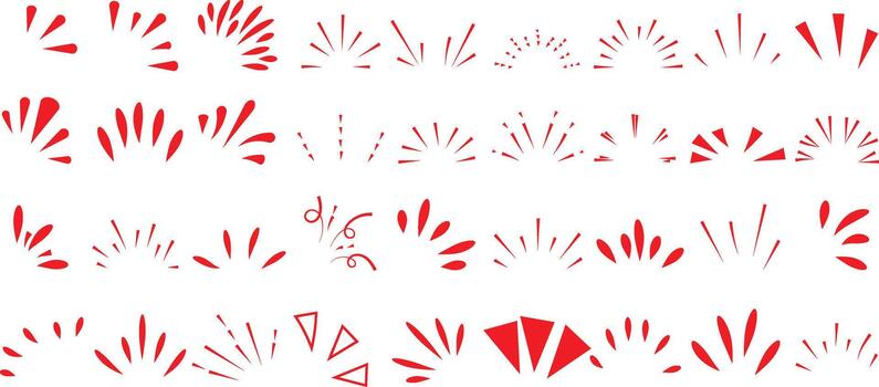 Collection of various red hand drawn sunburst rays and starburst elements for graphic design accents vector