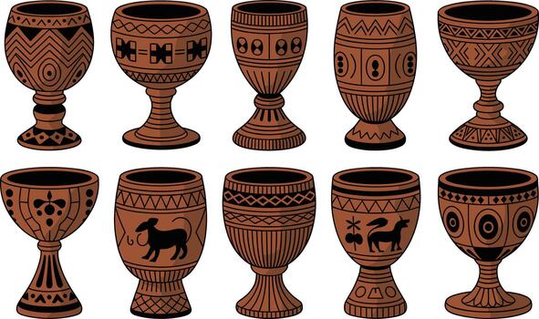 antiguo griego cerámica copas con negro y marrón patrones vector