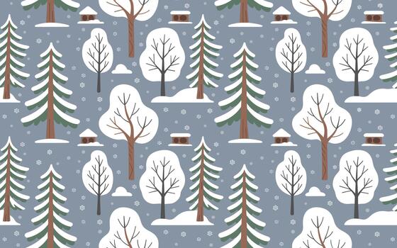 Nevado bosque escena con pino arboles y casas de aves caduco arboles vector