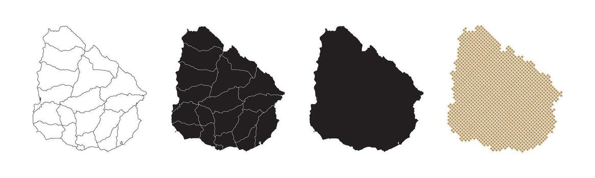 Maps of Uruguay come in many variations, featuring black and gold colors on a white background. vector