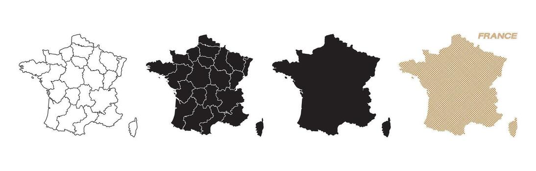 Maps of France in various styles, with black and gold lines on a white background. vector