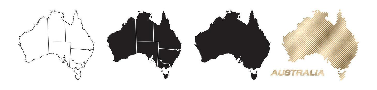 Maps of Australia in various styles, with black and gold lines on a white background. vector