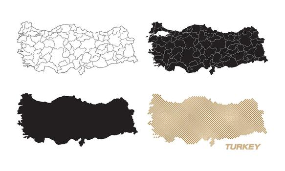 Maps of Turkey in various styles, with black and gold lines on a white background. vector