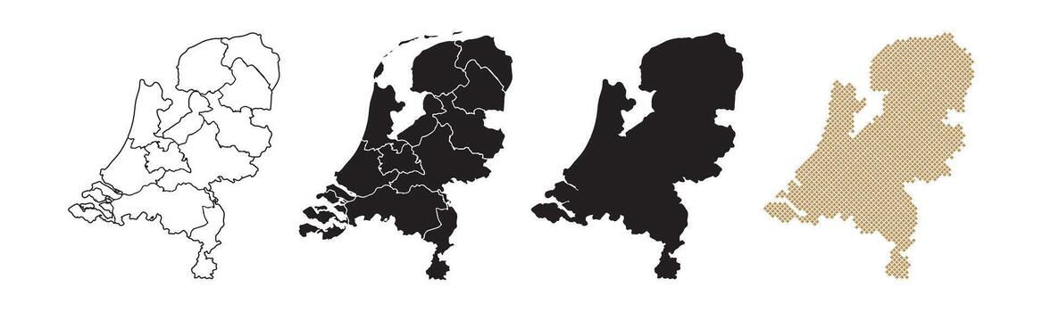 Maps of the Netherlands come in many variations, featuring black and gold colors on a white background. vector