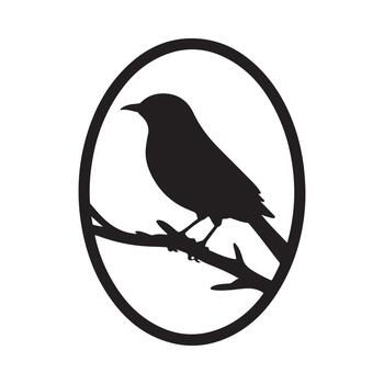 A minimalist black silhouette of a bird perched on a branch within an oval frame vector