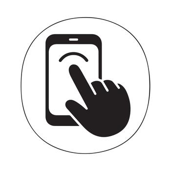 Simple graphic showing a hand interacting with a smartphone screen to indicate touch or swipe action vector
