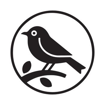 A simple black and white icon of a small bird perched on a leafy branch inside a circle vector