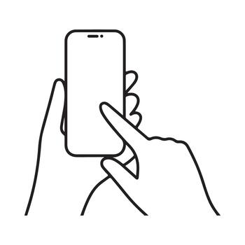 Simple line art illustration showing a hand holding a smartphone while another finger taps the screen vector