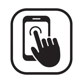An icon illustration of a hand touching a smartphone screen inside a rounded square border vector