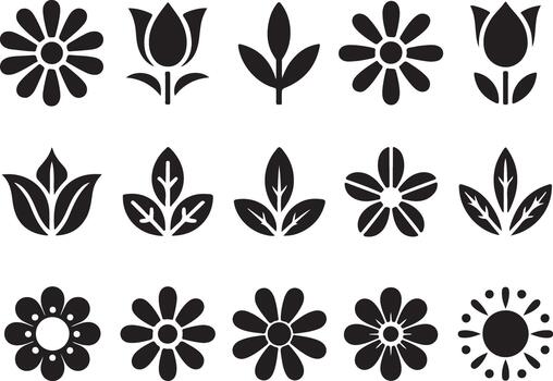 Set of various flower shapes and leaf icons for nature and botanical decorative elements vector