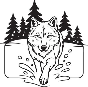 Front view of a majestic wolf running through snowy forest with pine trees vector