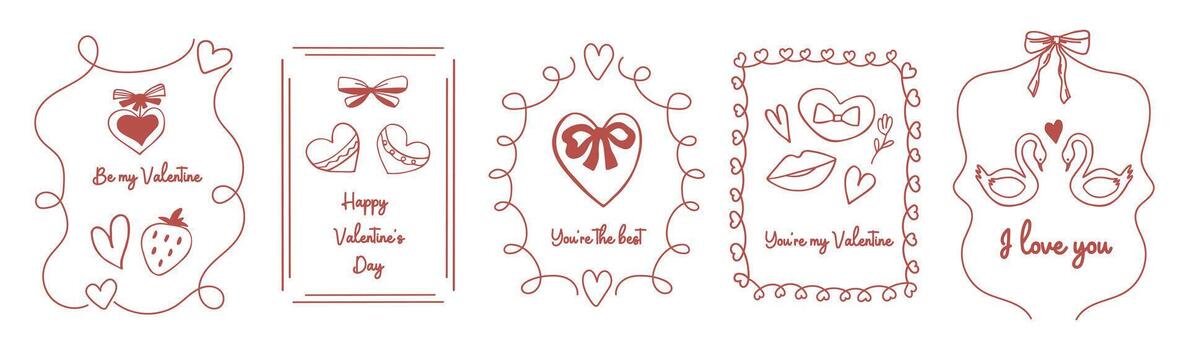 A set of five romantic Valentine's Day frames, each with a unique design and a touching message. A festive collection of frames for greeting cards. vector
