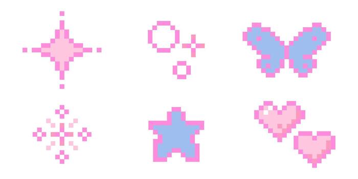 Cute pixel set elements, girly stars, bows, heart. Spring flowers and cherry y2k retro game 8 bit icons. Pixel collection. vector