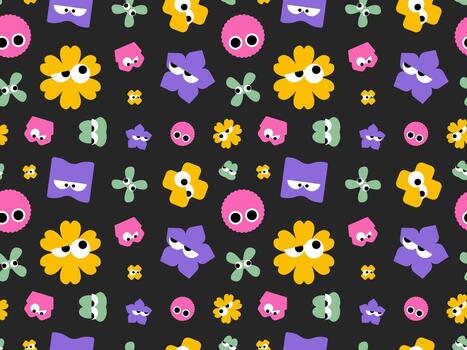 Seamless pattern of cute flower shaped cartoon monsters with funny eyes on black background for spring design vector