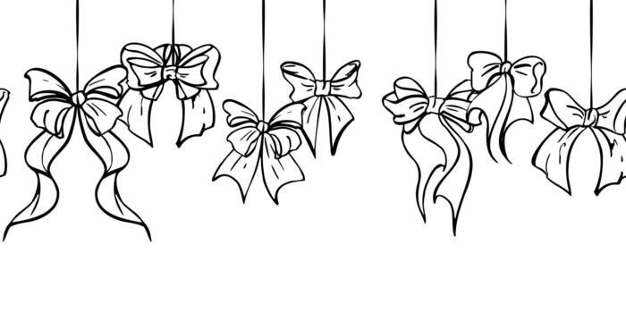 Cute bows and tied ribbons with elegant curving tails hanging on strings repeating in romantic line ornament. Hand drawn ink seamless banner. Wrapping header, festive border, printable decor. vector