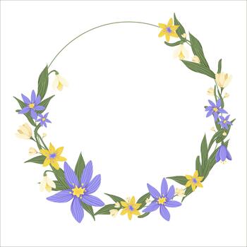Circle frame with flowers and leaves on white background. Spring botany illustration for nvitation design. Greeting card with crocuses. Spring is coming. vector