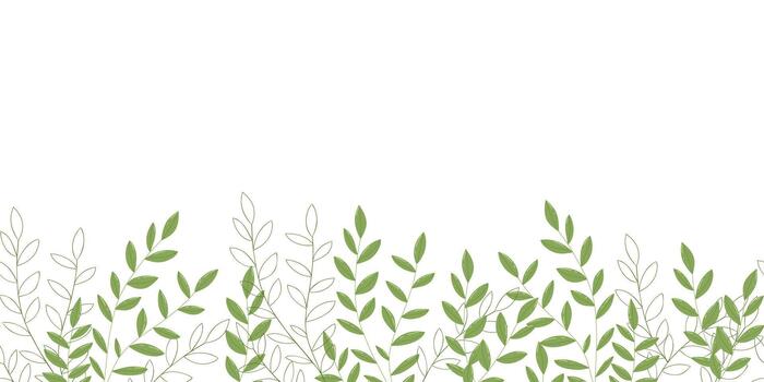 Horizontal border frame with leaves and text. Spring is here. Seamless leafy border. White background. vector