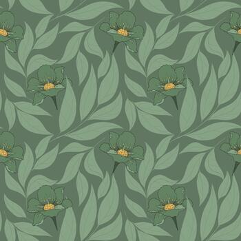 primavera modelo con flores en oscuro verde antecedentes. tipografía diseño para envase papel, fondo de pantalla, textil, vestir vector