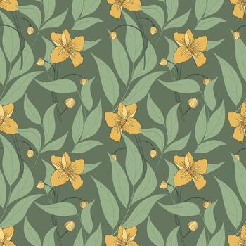 Spring pattern with flowers on green background. typography design for wrapping paper, wallpaper, textile, apparel vector