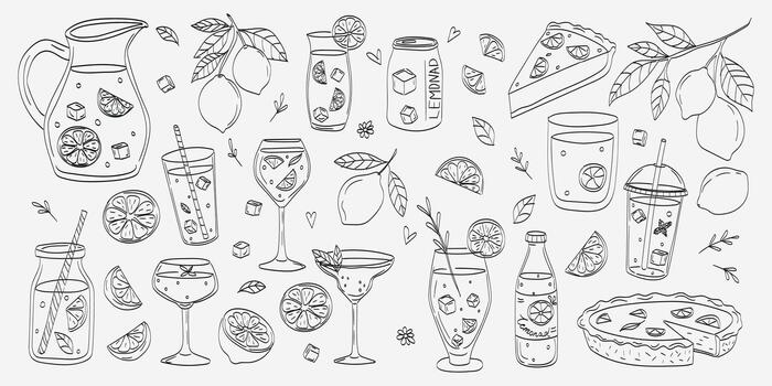 Lemonade and citrus drinks with desserts in simple cartoon style vector