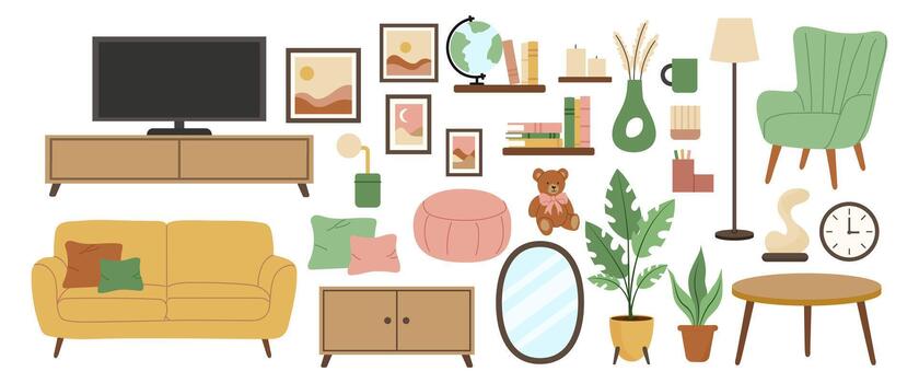 Furnishings and decorations in a living room setting with various items and colors displayed on a white background vector