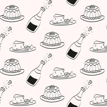 postres en platos con champán botellas creando un festivo estado animico en un sencillo negro y blanco modelo vector