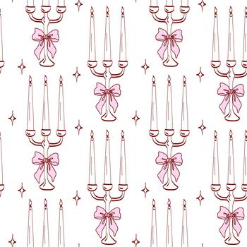 Candelabras with pink bows on a white background in a repeated pattern for decoration and design vector