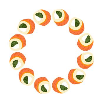 vistoso Sushi rollos arreglado en un circular modelo en un blanco antecedentes exhibiendo Fresco ingredientes y culinario Arte vector