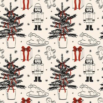 Festive holiday pattern featuring nutcracker, Christmas trees, gifts, and gingerbread cookies in a playful design vector