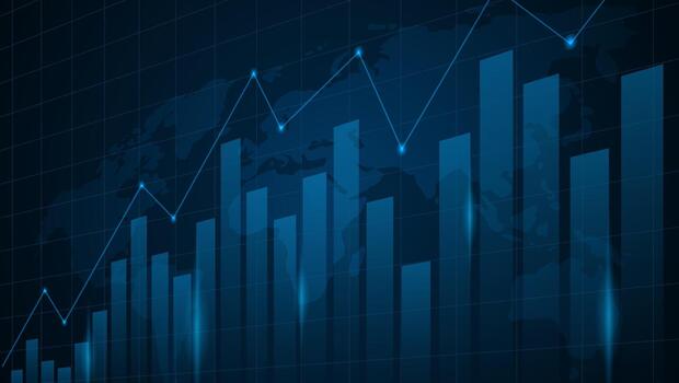 Blue business chart with global map background. vector