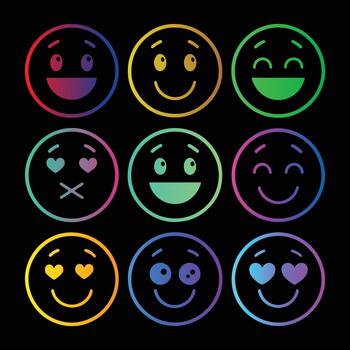 un conjunto de nueve vibrante degradado de colores emoji caras demostración diferente expresiones en un negro antecedentes vector