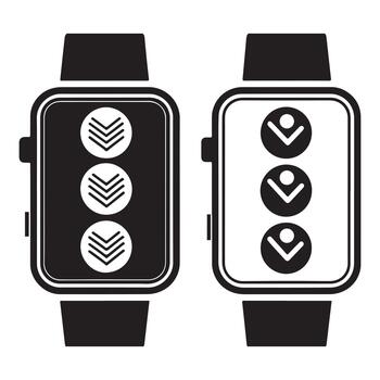 Smartwatch icon showing three downward indicators for scrolling or notifications, presented in positive and negative styles vector