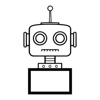 A simple black and white outline drawing of a retro-style robot head with large eyes and antenna vector