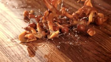 inlagd honung svamp falla på en trä- styrelse. filmad på en hög hastighet kamera på 1000 fps. hög kvalitet full HD antal fot video