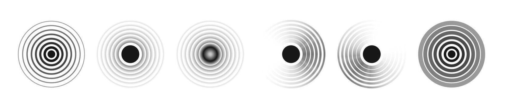 negro concéntrico círculo. sonar sonido ola anillo recopilación. punteado y lineal epicentro concepto. onda radial vibración elementos. vector