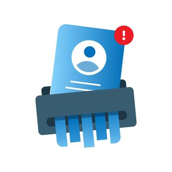 illustration of an ID card in a shredder with exclamation mark. account deletion warning, identity removal, data privacy alert, and user account termination notice. for UI UX interfaces vector