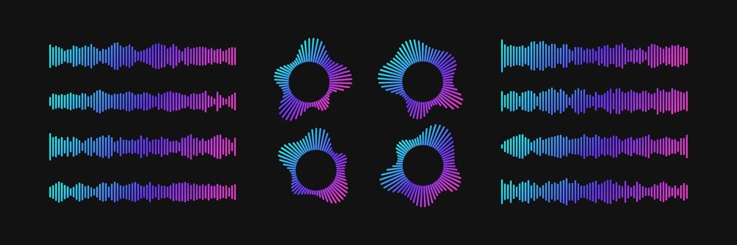 podcast ola colección con neón degradado circular patrones y horizontal ondas sonoras en oscuro antecedentes. vector