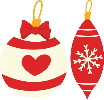 Christmas ornaments. round striped bauble with heart and elongated drop with snowflake red and white palette with hanging loops and bow. vector