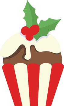 cupcake in a red and white striped liner, topped with smooth white frosting, chocolate layer, and a holly sprig with bright red berries. dessert icon suited for Christmas menus, bakery lab vector