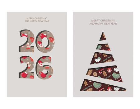 Set of two Christmas greeting cards with Merry Christmas and Happy New Year text. One features festive 2026 numbers, the other a stylized tree made of triangle segments vector