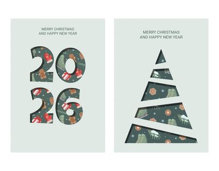 Set Christmas greeting cards with Merry Christmas and Happy New Year text. One features festive 2026 numbers, the other a stylized tree made of triangle segments filled with holiday icons vector